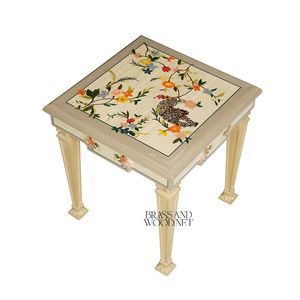 Mesa Auxiliar Cuadrada Artesanal con Incrustaciones de Marquetería Animal Colorida y Detalles Florales Pintados a Mano para Decoración de Hogar de Lujo - Product Image 3