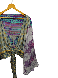 Free Size Short Silk Top Wrap dress Vintage Sari Fabric wrap top Floral Print Boho Top - Product Image 3