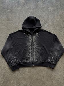 Custom Winter <b>Black</b> Jacket <b>Men</b> Heavyweight Washed Sun Faded Hoodies <b>Zip</b> <b>up</b> <b>Hoodie</b> with Rhinestones - Product Image 2