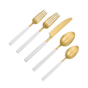 Custom Modern Restaurant <b>Dinner</b> ware Bulk <b>Gold</b> Flatware Hotel Cutlery Stainless Steel <b>White</b> Ceramic Handle for Party - Product Image 1