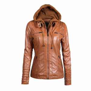 2024 nuevo diseño acolchado chaqueta de cuero Real para mujer estilo moderno con capucha con cremallera bolsillos de algodón transpirable OEM al por mayor - Product Image 3