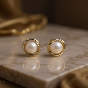 Orecchini a Perno in Oro con Perla Coltivata Bianca, Montatura Rotonda, Gioielli Classici da Donna per Uso Quotidiano - Product Image 2