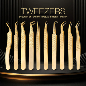 Pinzas de extensión de pestañas con puntas de fibra Pinzas altas de acero inoxidable dorado para ventiladores de volumen Herramientas de maquillaje, dorado - Product Image 2