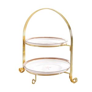 Support à gâteaux élégant à 2 niveaux en métal plaqué or et en porcelaine, parfait pour les mariages, les fêtes, les présentations de desserts - Product Image 1