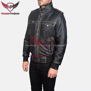 Chaqueta Bomber de Cuero Genuino Negro para Hombre, Cuello Alto, Epaulettes, Bolsillos con Cremallera, Piel de Oveja, Estilo Biker Desgastado, Abrigo de Invierno Personalizado - Product Image 2