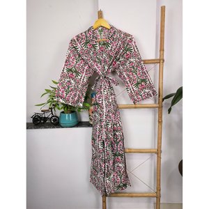 Pure Cotton Boho House <b>Robe</b> Indian Handprinted Summer Dress White Pink Garden Floral <b>Beach</b> Luxurious Cover Woven Soft Touch - Product Image 1