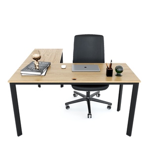 HBOV040 L-Shaped 140x140cm Plywood Wood Computer <b>Table</b> with Oval Iron <b>Legs</b> <b>Foldable</b> Design for Home or Hotel Office Use - Product Image 2