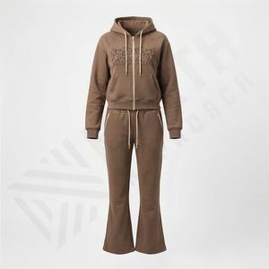 Conjunto de Dos Piezas para Mujer, Sudadera con Capucha y Cremallera de Algodón Grueso con Logotipo Personalizado, Pantalones Deportivos de Pierna Recta y Corte Recto, Lavado Ácido, Estilo Casual, Nuevo - Product Image 1