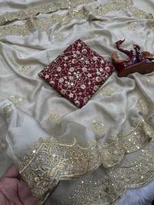 Sari en soie Rangoli or champagne exclusif avec broderie de sequins Zari, associé à un chemisier de fête de designer Bollywood rouge riche - Product Image 5