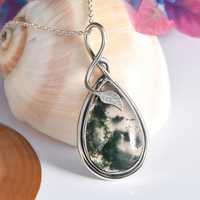 Collar con colgante de ágata musgosa con engaste de bisel, plata de ley, gran gema en forma de lágrima, joyería de lujo, pieza llamativa de ágata natural grande
