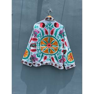 Women's Indian Floral Embroidery Velvet Fabric Jacket <b>Coat</b> with Cotton Lining Stand Collar for Autumn Party Wear - Product Image 6