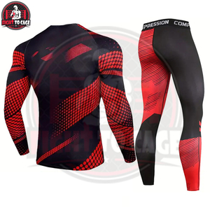 Conjunto de Rashguard de Manga Larga de 2 Piezas, Antibacterial, de Alto Rendimiento, en Spandex/Nylon Estampado, Color Negro y Rojo, para MMA/BJJ, Nueva Llegada - Product Image 2