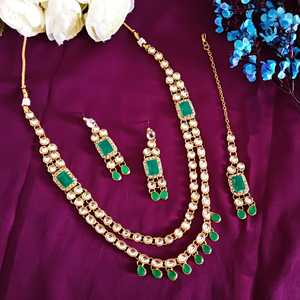 Fabricantes de joyería india, cristal chapado en oro Kundan, collar de hebra multicapa, conjunto de joyería para mujer, Verde - Product Image 1