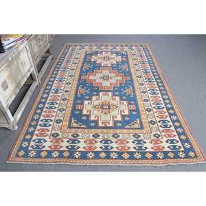 Alfombra Turca de 5.5x8.3 pies, Alfombra Vintage Grande, Alfombra de Lana Azul Sólida - Product Image 3