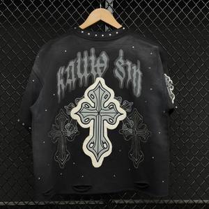 T-shirts d'été épais pour hommes en coton personnalisés, délavés à l'acide, brodés et ornés de strass, vêtements décontractés - Product Image 2