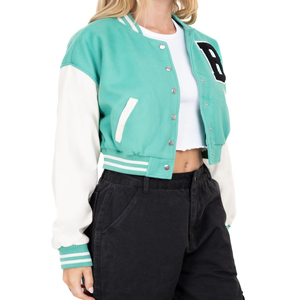 Chaqueta universitaria de estilo Letterman de tela de lana de primera calidad para mujer, Chaqueta larga y fina con cuello levantado a prueba de viento, precio al por mayor - Product Image 5