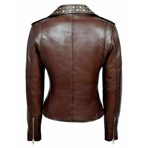 2025 venta al por mayor de chaqueta de motorista con cremallera de cuero tachonado para mujer, nuevas chaquetas de cuero genuino ajustadas para motocicleta - Product Image 4