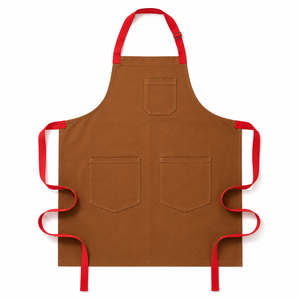 Tablier classique sans manches en toile 100% coton écologique marron avec bretelles rouges, taille ajustable, pour la cuisine et l'usage quotidien - Product Image 1