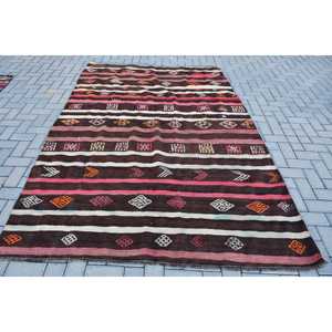 Turkish Kilim Large Rug 5.9x8.8 ft (180x268 cm), Vintage <b>Brown</b> Patchwork <b>Wool</b> Rug - Product Image 1
