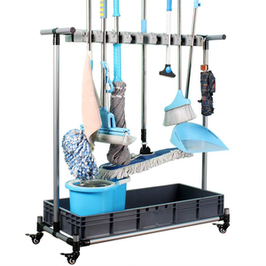 Adjustable Janitorial Cart Housekeeping Trolley <strong>Cleaning</strong> Cart on Wheels Housekeeping <strong>Caddy</strong> with Shelves Broom Mop Holder - Product Image 5