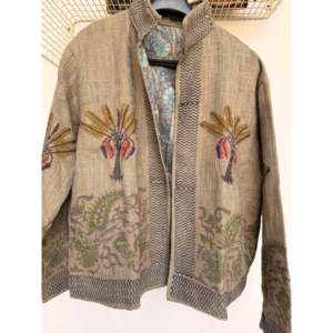 Autumn Grey Palm Block Print <b>Jacket</b> with Stand Collar Stylish Boxy Style - Product Image 2