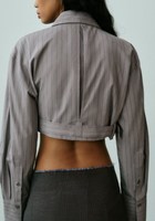 Conception irrégulière femmes col à revers Crop Blouses manches longues boutons décontracté coton court gris ceinturé rayé Crop chemise