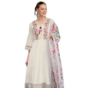 Lo último en seda viscosa pura con trabajo de hilo Kurtis de trabajo simulado y trabajo manual con pantalón de seda pura y Dupatta de impresión digital - Product Image 1