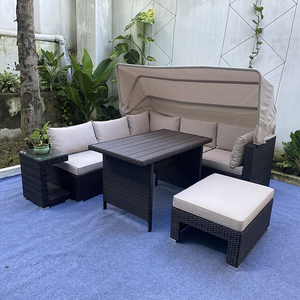 Modern Outdoor <b>Rattan</b> <b>Sofa</b> Set With Canopy Waterproof Cushion Garden Furniture Contemporary Design Gray Color - Product Image 4