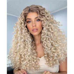 Peluca de Cabello Sintético Resistente al Calor DWY, Larga y Rizada, Rubia, con Frente de Encaje Transparente y Estilo Jerry Curl - Product Image 1