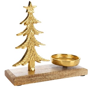Eco-Friendly Gold Toned Aluminium <b>Christmas</b> <b>Tree</b> & Heart Tealight <b>Candle</b> Holder With Wooden Base Home Festive Decoration - Product Image 4