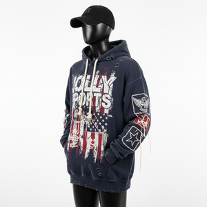 Premium 320 GSM Cotton Fleece <b>Men</b> Pullover <b>Hoodie</b> <b>Navy</b> Red Distressed Print Patch Panels Custom Logo Screen Print Basics <b>Hoodie</b> - Product Image 3