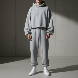 Survêtement personnalisé en molleton gris chiné uni imprimé pour homme, coupe ample oversize, sweat à capuche long avec ourlet brut et manches ballon exagérées - Product Image 1