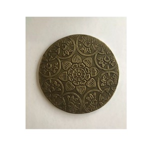 Hand-embossed round metal <b>coasters</b> with floral antique artwork and durable finished for parties and daily <b>table</b> use - Product Image 2