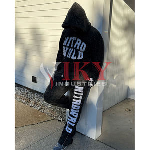 Custom Rhinestone Tracksuits for <b>Men</b> Unisex Flare Tracksuit Distressed Embroidery Design Hoodie and Pants Sets Acid <b>Washed</b> - Product Image 5