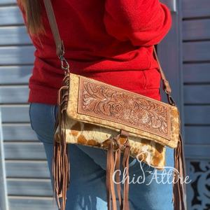 New Arrival Western Real Handmade Hair on Fur Tooled Leather Fringe Sling Bag Stylish Women <b>Concealed</b> Carry Casual Crossbody Bag - Product Image 1