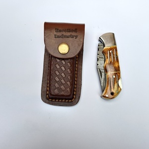 Damasco personalizado hecho a mano multifuncional supervivencia al aire libre cuchillo plegable mango de hueso quemado cuchillo de bolsillo con Funda de cuero - Product Image 4