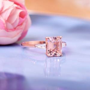 Morganite Three Stone Engagement Ring Octagon Shaped Wedding Bridal Ring Unique Promise Birthstone <b>Anniversary</b> Gift - Product Image 3