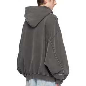Sweats à capuche courts Boxy pour hommes Streetwear surdimensionné hommes sweats à capuche à fermeture éclair lavage à l'acide et épaule tombante poids lourd 500 GSM - Product Image 6