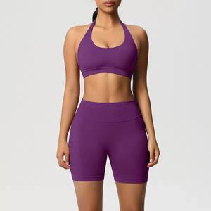 Custom Wholesale Womens Two Piece Yoga Set Front Twist Cutout Bra & High Waist Yoga <b>Shorts</b> Athletic Outfit - Product Image 2