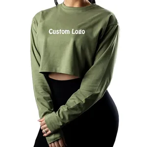 Nueva llegada de manga larga para las mujeres de moda Casual de manga larga verde teñido crop top Camiseta de algodón de manga larga de las mujeres