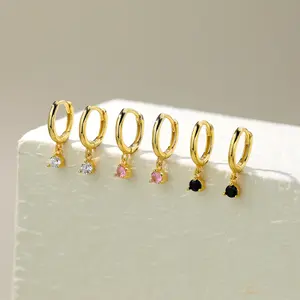 패션 도매 925 스털링 실버 럭셔리 트렌디 후프 귀걸이 18k 골드 다채로운 라운드 지르콘 드롭 작은 후프 귀걸이