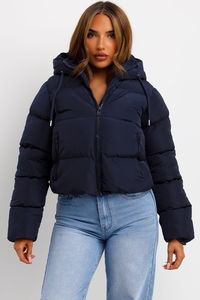 New Custom Design Navy OEM <b>Women's</b> Puffer Cropped Hooded <b>Jacket</b> Full Drawstring Zip And Bubble <b>Jacket</b> <b>Women's</b> Winter Down <b>Jacket</b> - Product Image 2