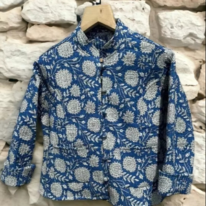 Veste matelassée faite à la main pour femmes, Parka en coton à fleurs à manches longues, Design bleu réversible, lavable à la main, Style Boho Vintage - Product Image 1