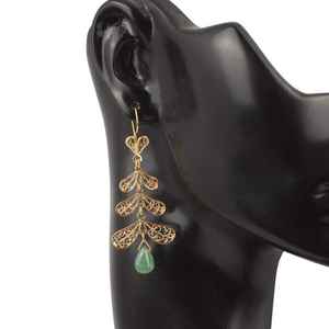 Pendientes de Oro de 18K con Motivo de Hoja y Esmeralda, Diseño de Filigrana, para Bodas, Chapados en Oro, con Perlas, Diamantes y Moissanitas, 70 Años de Garantía - Product Image 3