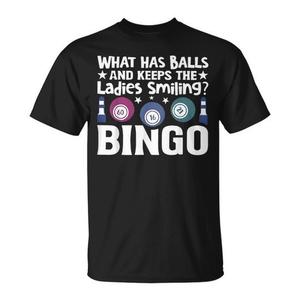 T-shirt per gli amanti del bingo con simbolo iconico e frase alleggerita che dice: 'Cosa ha palle e fa sorridere le donne' - Product Image 1