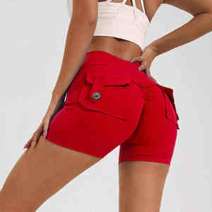 Pantalones cortos de Yoga de cintura alta para mujer, secado rápido, característica de levantamiento de cadera, verano, melocotón desnudo, patrón sólido, deportes, pantalones deportivos, bolsillos - Product Image 1