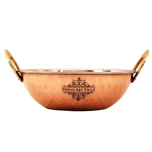 Indian Art Villa Hammered Steel Copper Kadhai Kadhai Wok Bowl, Serving Dishes, Tableware, Volume- 2250 ML
