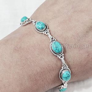 Pulsera de Mujer con Turquesa Tibetana Natural, Piedra de Nacimiento de Diciembre, Joyería Hecha a Mano, Pulsera de Plata de Ley 925 - Product Image 1