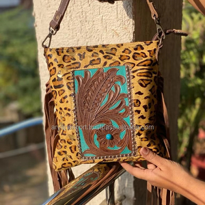 มาใหม่สไตล์ตะวันตกสัตว์ขนสัตว์หนัง Fringe กระเป๋าถือเสือดาวพิมพ์สลิงกระเป๋ามือ Toolled แกะสลักกระเป๋าพรรคสวมใส่สตรี - Product Image 3