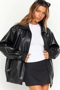 แจ็กเก็ตหนังแกะคุณภาพสูงสำหรับผู้หญิง, เสื้อแจ็กเก็ตหนังแกะทรงโอเวอร์ไซส์พลัสไซส์ Moto 90s พร้อมโลโก้แบบกำหนดเองลายพื้น - Product Image 6